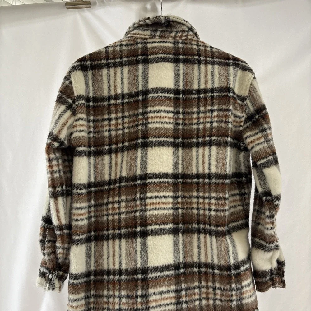 Blank NYC Womens Small Plaid Shacket Jacket Fuzzy Button Down‎ Brown White
